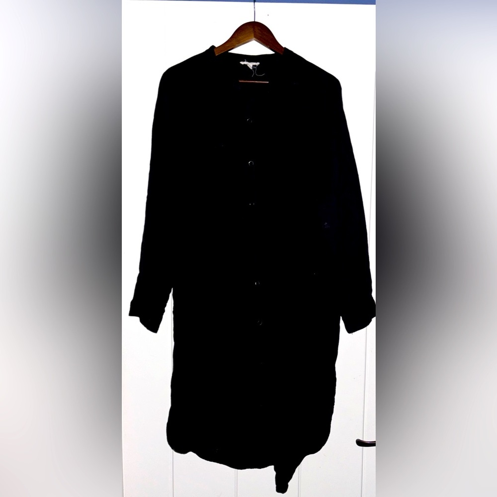 Eileen Fisher Mandarin Collar Organic Cotton Gauzy Black Shirtdress Women L Boxy